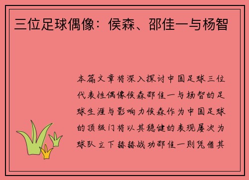 三位足球偶像:侯森、邵佳一与杨智 三位足球偶像:侯森、邵佳一与杨智