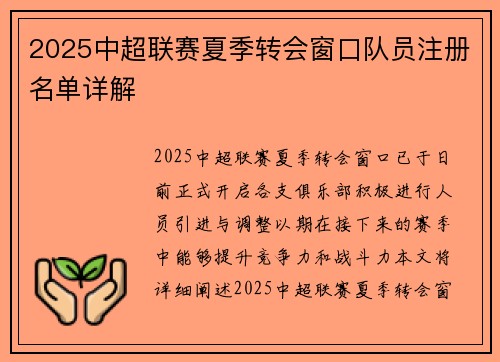 2025中超联赛夏季转会窗口队员注册名单详解 2025中超联赛夏季转会窗口队员注册名单详解
