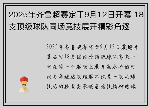 2025年齐鲁超赛定于9月12日开幕 18支顶级球队同场竞技展开精彩角逐 2025年齐鲁超赛定于9月12日开幕 18支顶级球队同场竞技展开精彩角逐
