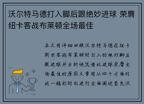 沃尔特马德打入脚后跟绝妙进球 荣膺纽卡客战布莱顿全场最佳 沃尔特马德打入脚后跟绝妙进球 荣膺纽卡客战布莱顿全场最佳